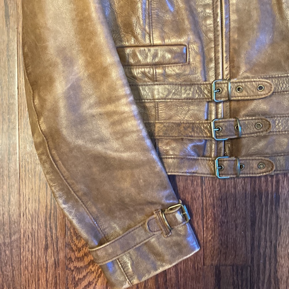 🏇Ralph Lauren Blue Label Aviator Strap Cropped Brown Leather Jacket🏇 - Picture 5 of 13
